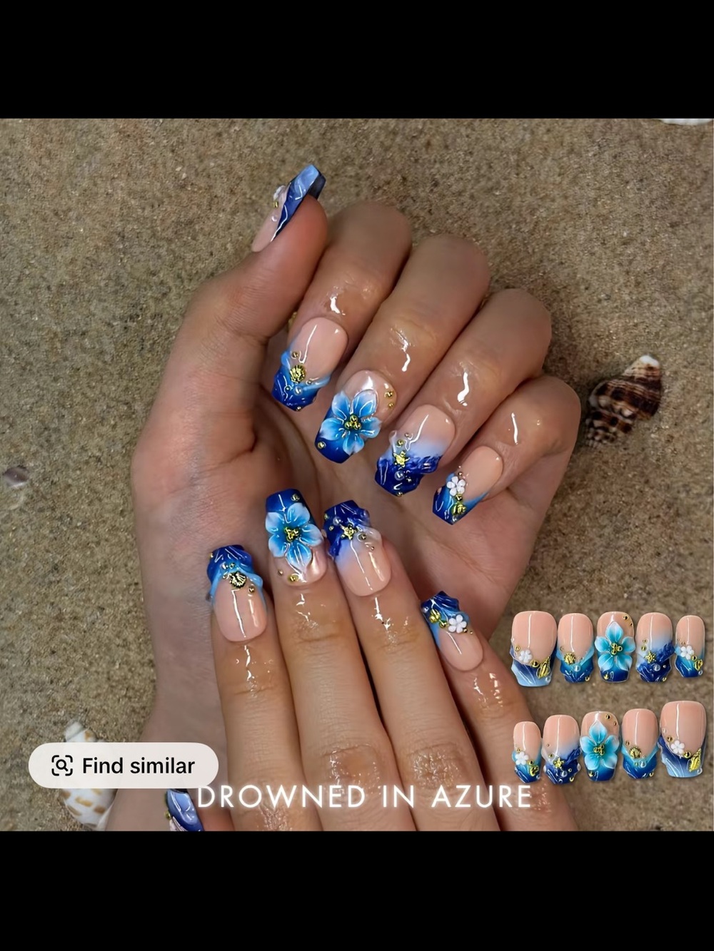 Nailphoria Drowned in Azure Floral Acrylic Nail Set - Hand Painted Azure Flowers